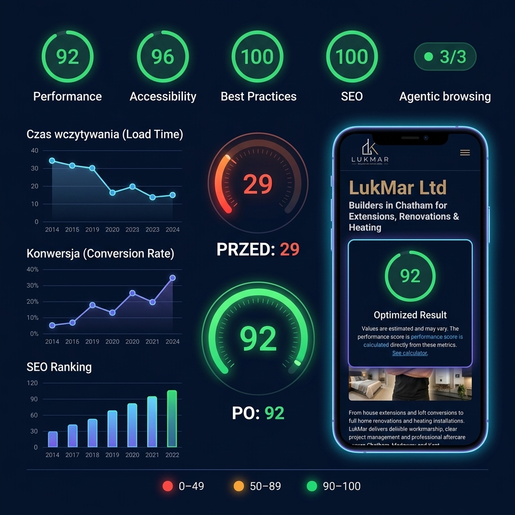 Wynik optymalizacji WordPress PageSpeed LukMar: przed 29, po 92